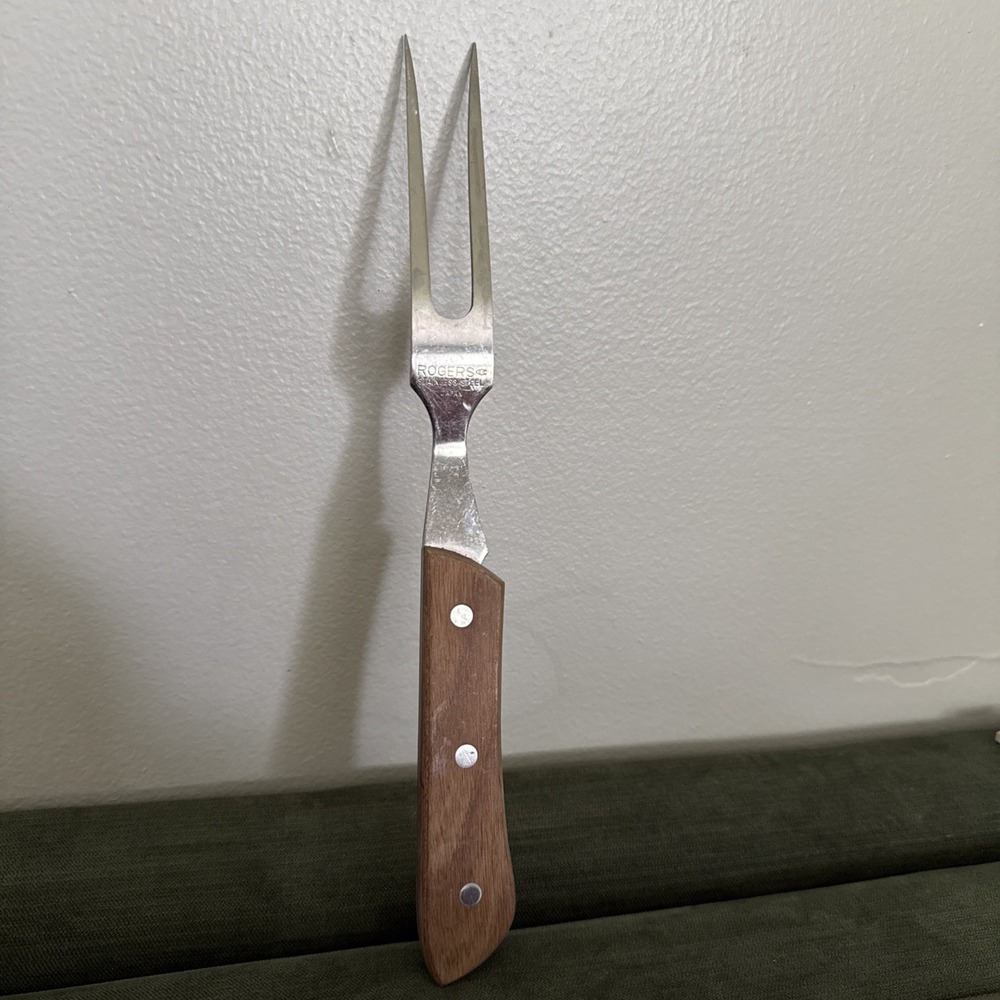 Solid Stainless Rogers Vintage Mid Century Meat Carving Fork Wood Handle Japan